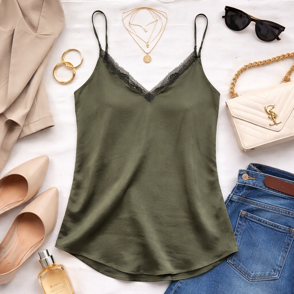 Express Olive Green Satin Lace Trim Cami Tank Top Adjustable Straps Size M